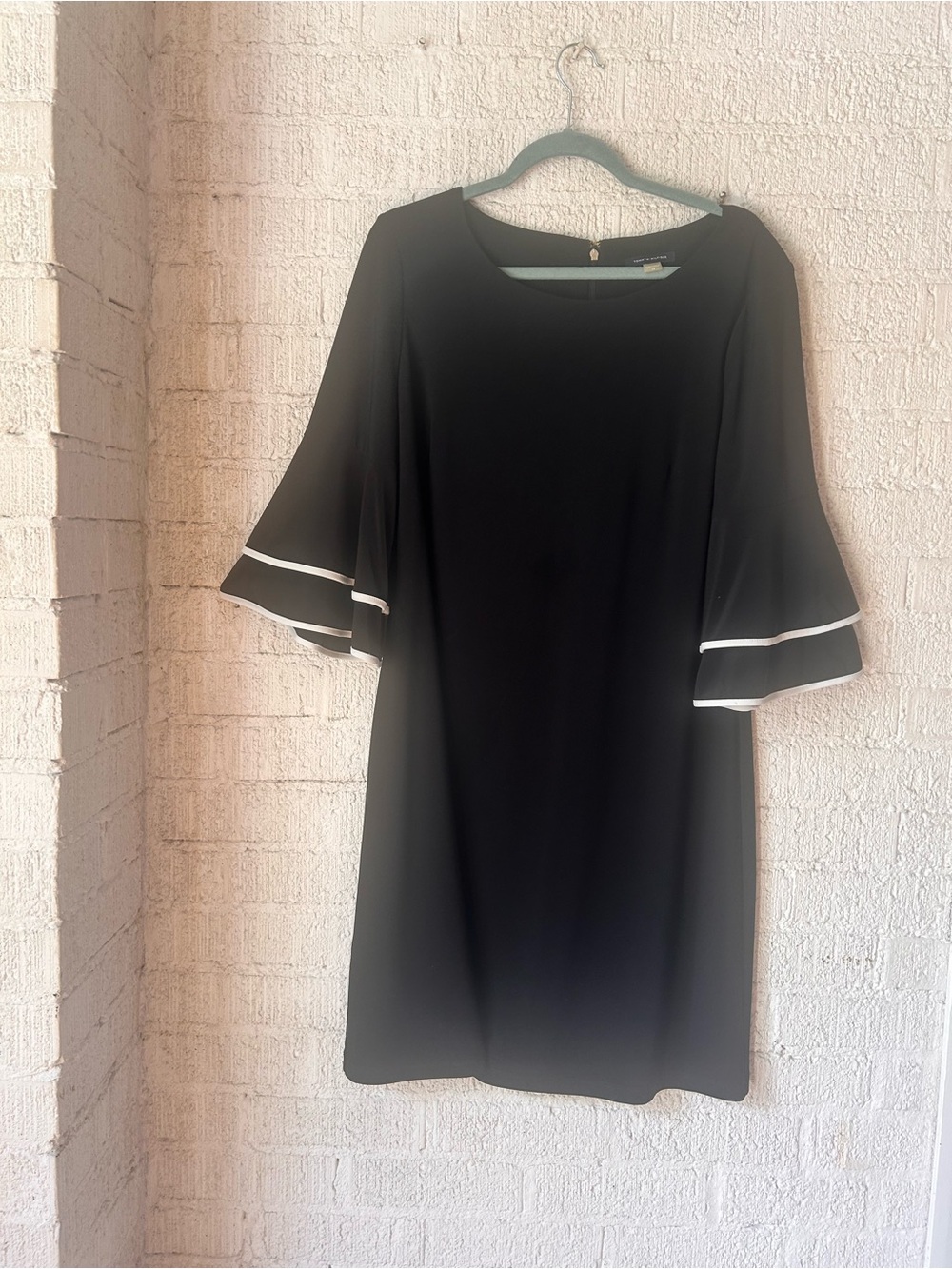 Tommy Hilfiger Black Midi Dress with White Trim Bell Sleeves